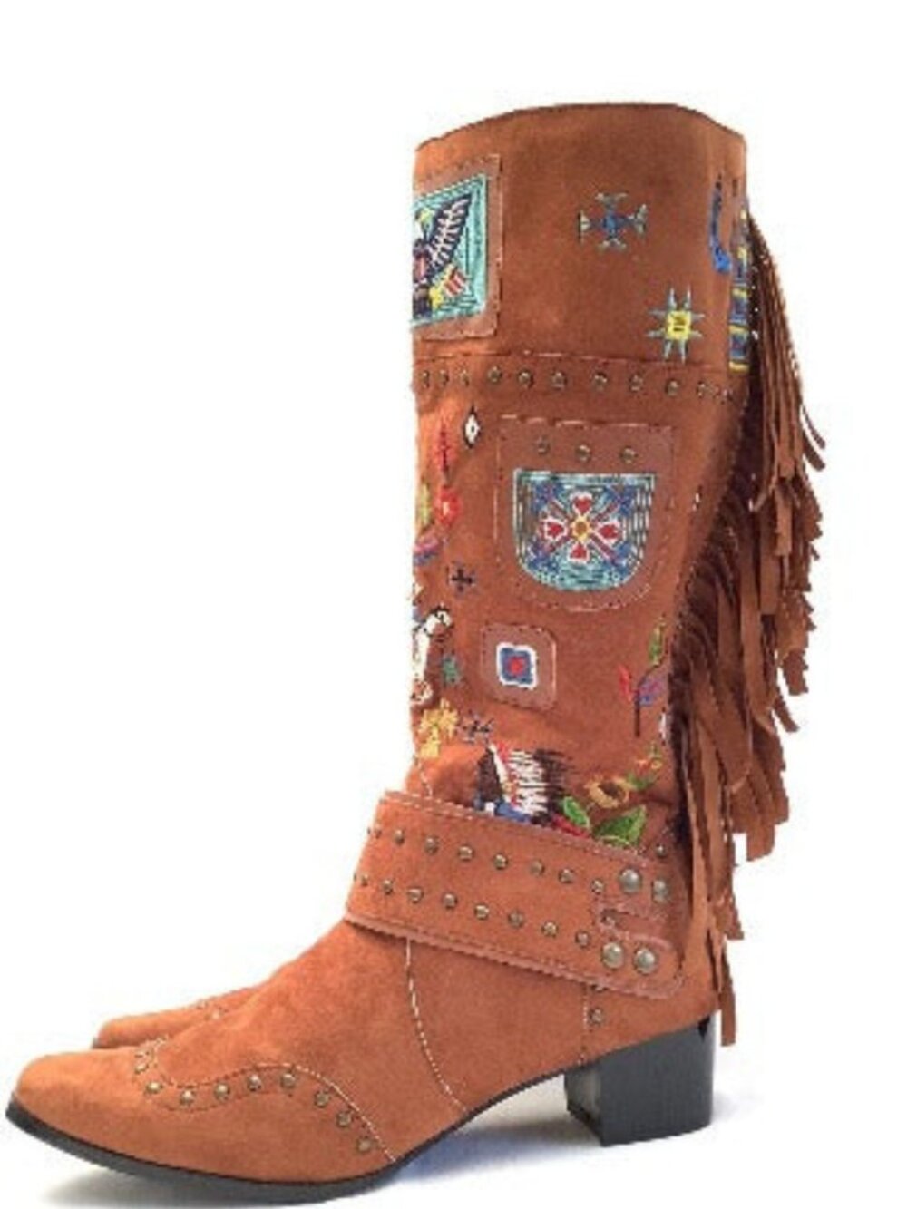Festival Boots Native-American Style Novelty Fringed Brown Leather Unworn
